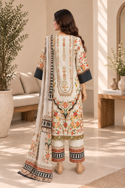 Floral Heritage Border Print 3-Piece Stitched Suit for Women – Ready to Wear