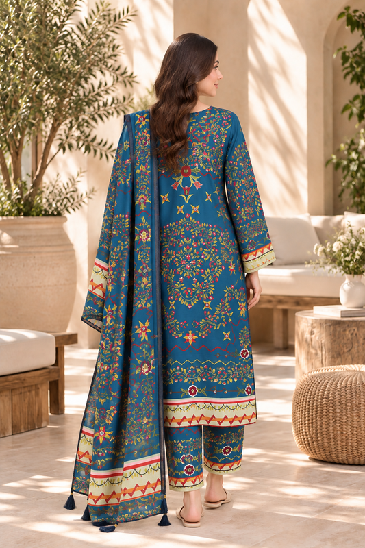 Women’s Printed 3-Piece Lawn Suit – Teal Blue Floral & Traditional Print