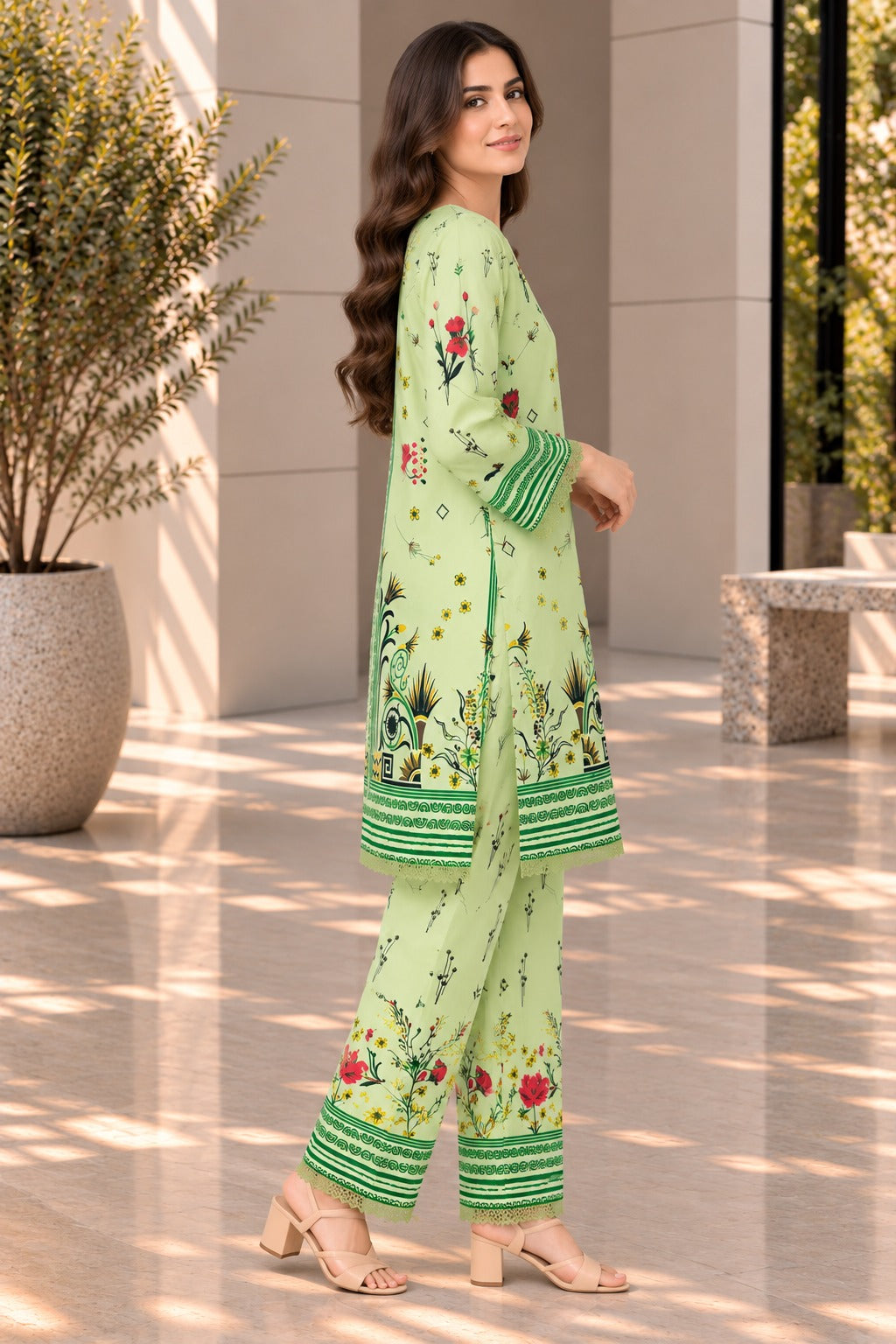 Pastel Green Floral Printed 2 Piece Suit | Printed Kurta & Trouser Set