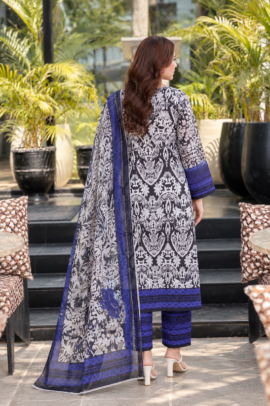 Women’s Printed 3-Piece Lawn Suit – Blue & Black Floral Design