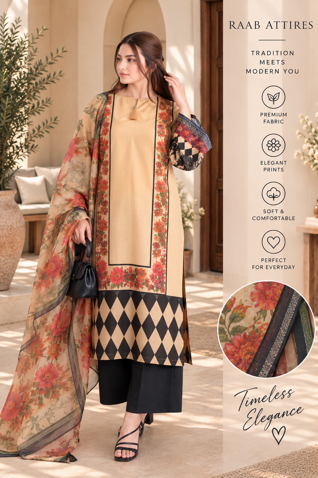 Peach Floral Diamond Print 3-Piece Stitched Suit for Women – Ready to Wear