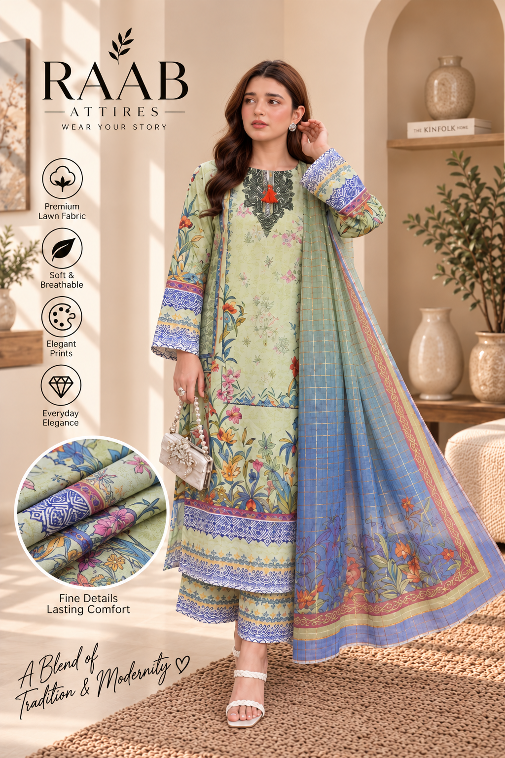 Women’s 3 Piece Printed Lawn Suit – Floral Printed Shirt, Matching Trouser & Dupatta