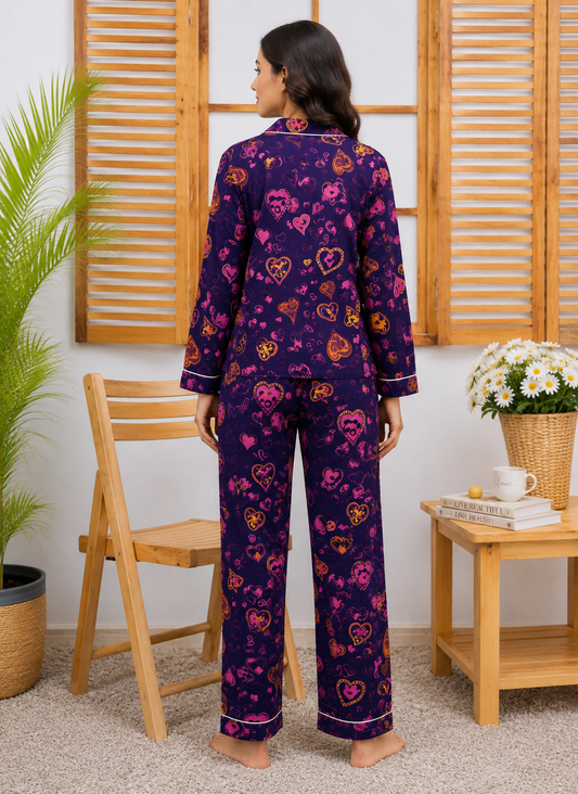 Women’s Purple Heart Printed Linen Night Suit – Ladies Pajama Set