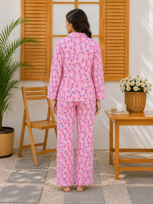 Women’s Pink Cherry Printed Linen Pajama Set – Cute Floral Sleepwear