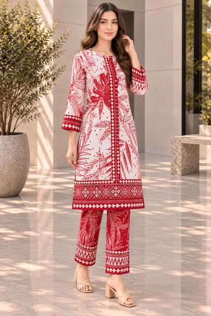 Stitched 2 Piece Lawn Suit for Women | Red & White Printed Kurta Trouser Set