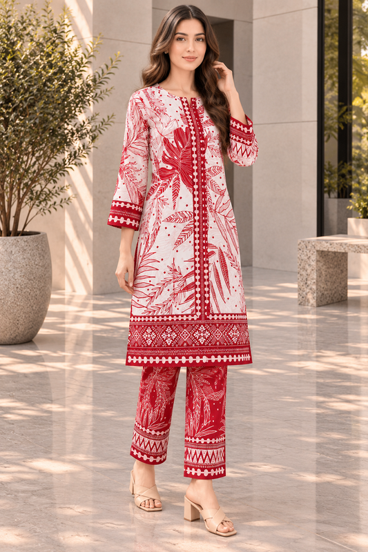 Stitched 2 Piece Lawn Suit for Women | Red & White Printed Kurta Trouser Set