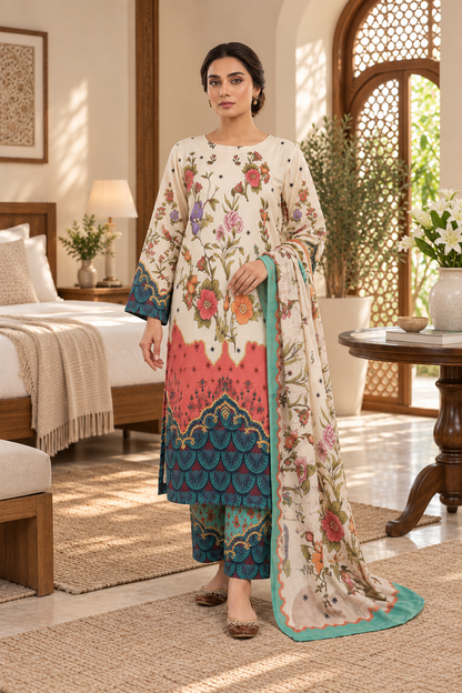 Ivory Floral Garden Print 3-Piece Stitched Suit for Women – Ready to Wear