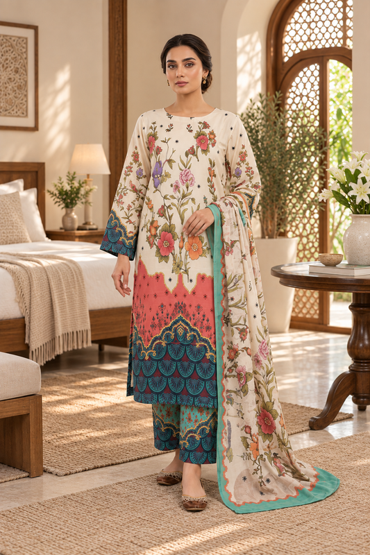 Ivory Floral Garden Print 3-Piece Stitched Suit for Women – Ready to Wear