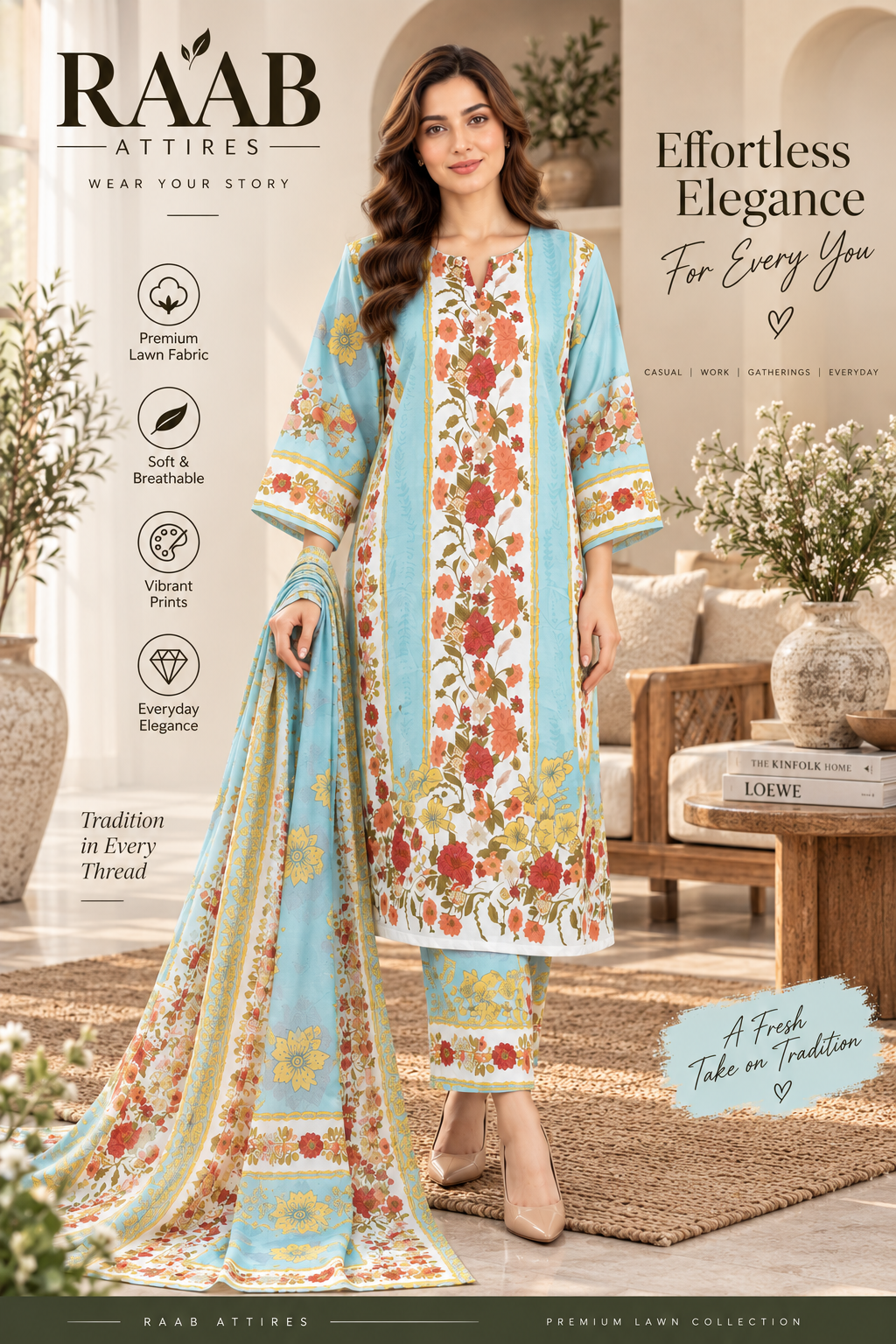 Sky Blue Floral Garden Print 3-Piece Stitched Suit for Women – Ready to Wear