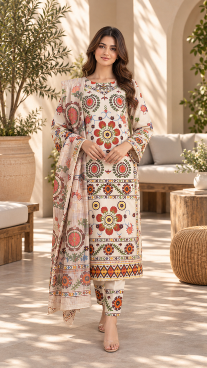 3-Piece Printed Stitched Suit for Women – Ready to Wear