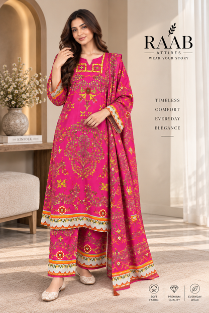 Women’s 3 Piece Printed Pink Suit – Floral Printed Kurta, Trouser & Matching Dupatta