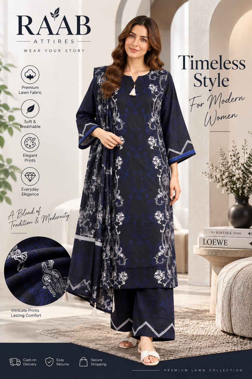 Navy Blue Ornamental Paisley Print 3-Piece Stitched Suit for Women – Ready to Wear