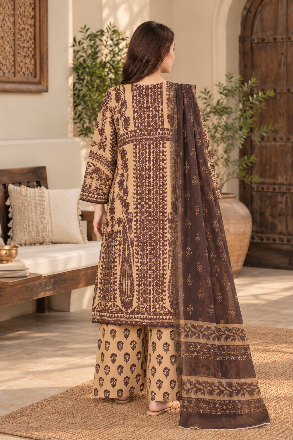 Women’s 3 Piece Printed Lawn Suit – Brown & Beige Printed Shirt, Matching Trouser & Dupatta