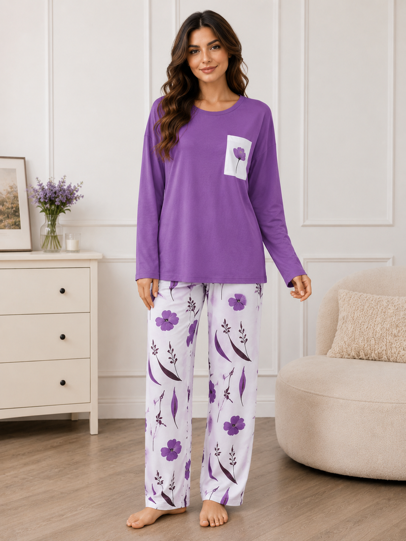 Women's Purple Floral Print Full Sleeve Night Suit Soft Cotton Pajama Set with Printed Trousers