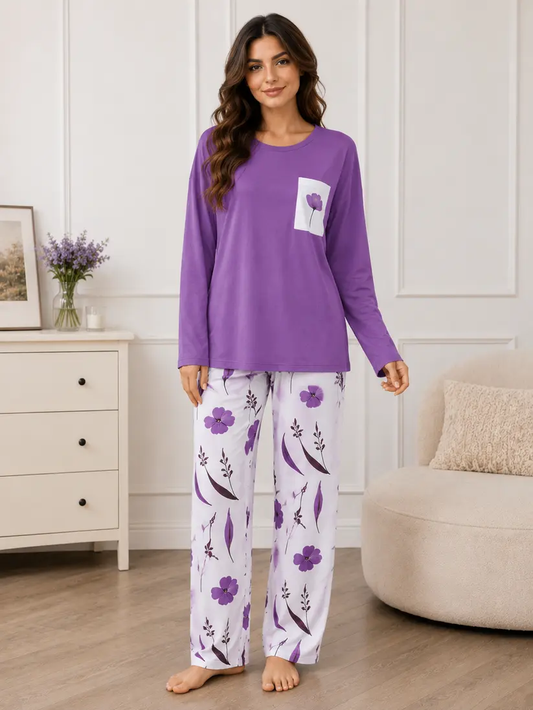 Women's Purple Floral Print Full Sleeve Night Suit Soft Cotton Pajama Set with Printed Trousers