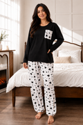 Women's Black Full Sleeve Pocket Print Night Suit – Soft & Comfortable Lounge Wear Set