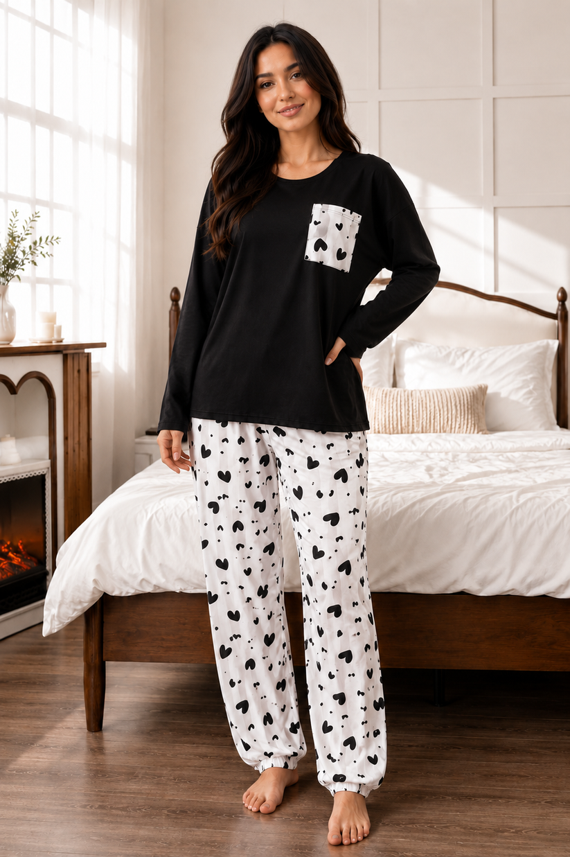 Women's Black Full Sleeve Pocket Print Night Suit – Soft & Comfortable Lounge Wear Set