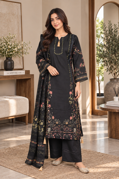 Women’s 3 Piece Black Printed Suit – Embroidered Style Kurta, Trouser & Matching Dupatta