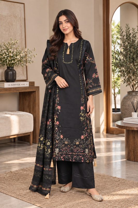 Women’s 3 Piece Black Printed Suit – Embroidered Style Kurta, Trouser & Matching Dupatta