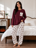 Women's Maroon Full Sleeve Pocket Print Night Suit – Soft & Comfortable Lounge Wear Set