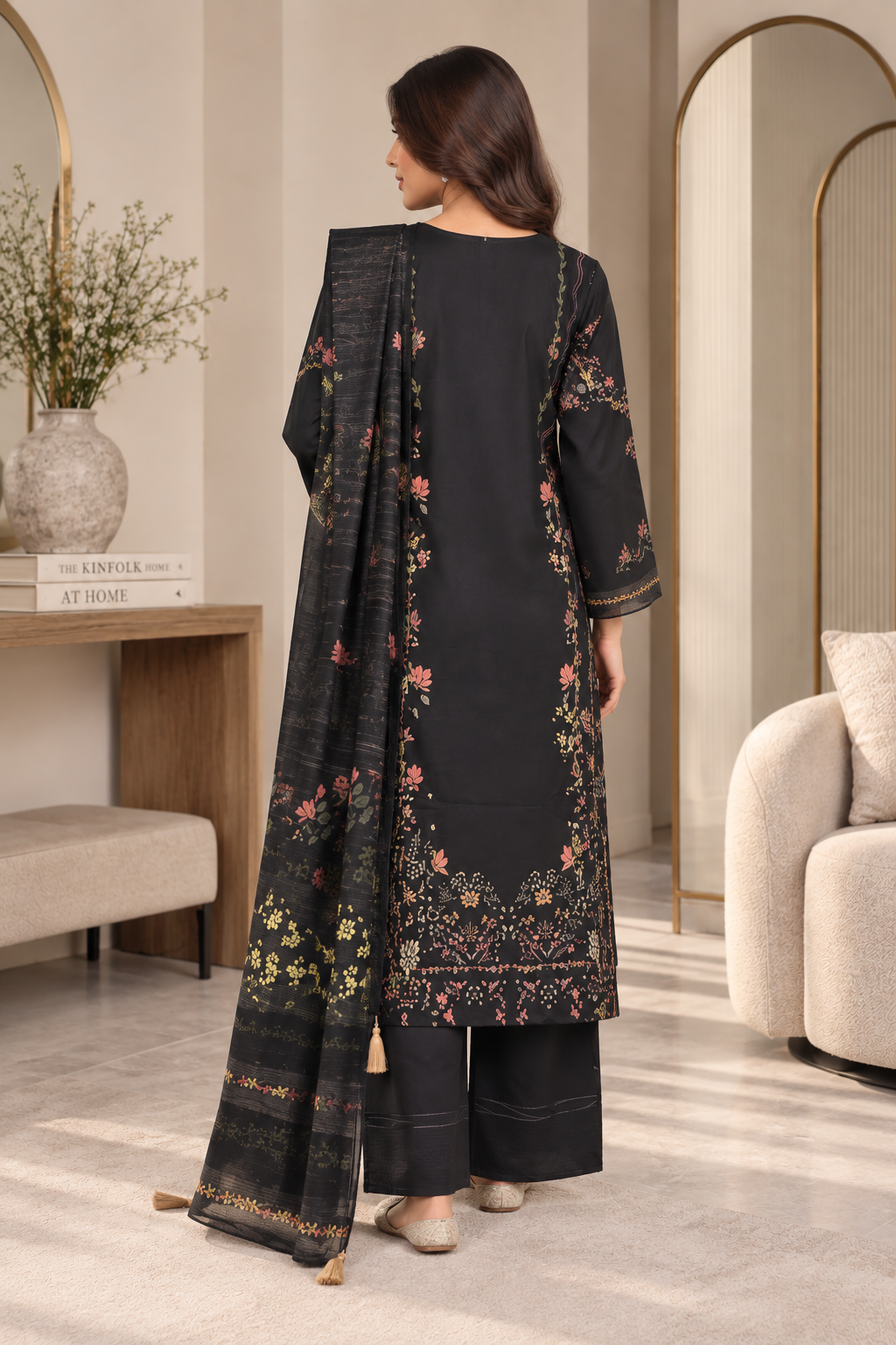 Women’s 3 Piece Black Printed Suit – Embroidered Style Kurta, Trouser & Matching Dupatta