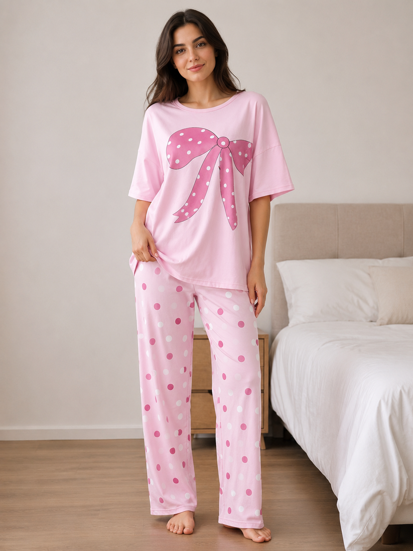 Women's Pink Ribbon Print Pajama Set – Soft 2 Piece Polka Dot Night Suit