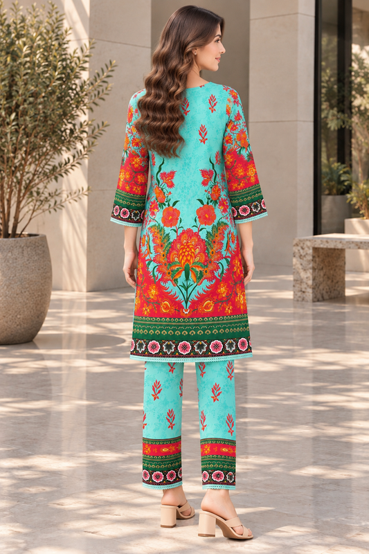 Stitched 2 Piece Lawn Suit for Women | Turquoise Floral Printed Kurta Trouser Set