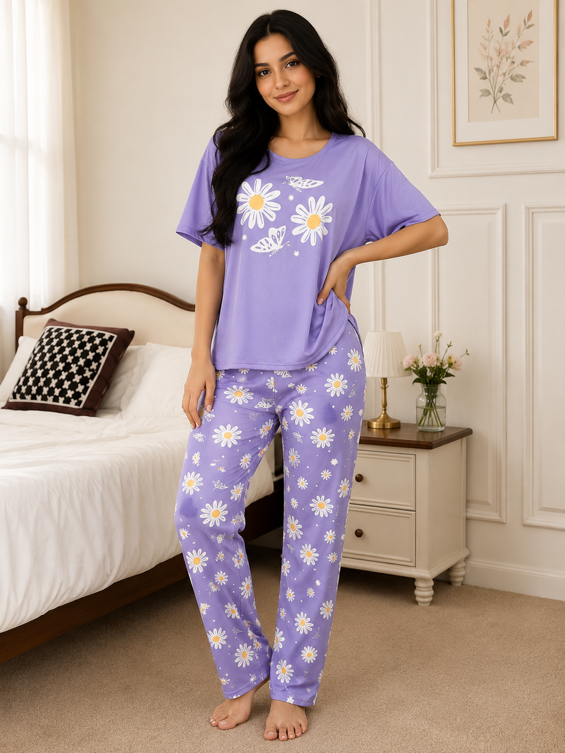 Women's Purple Daisy Oversized Pajama Set – Soft 2 Piece Lounge & Nightwear