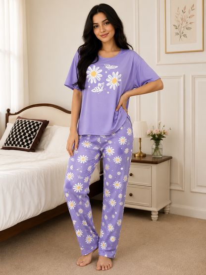 Women's Purple Daisy Oversized Pajama Set – Soft 2 Piece Lounge & Nightwear