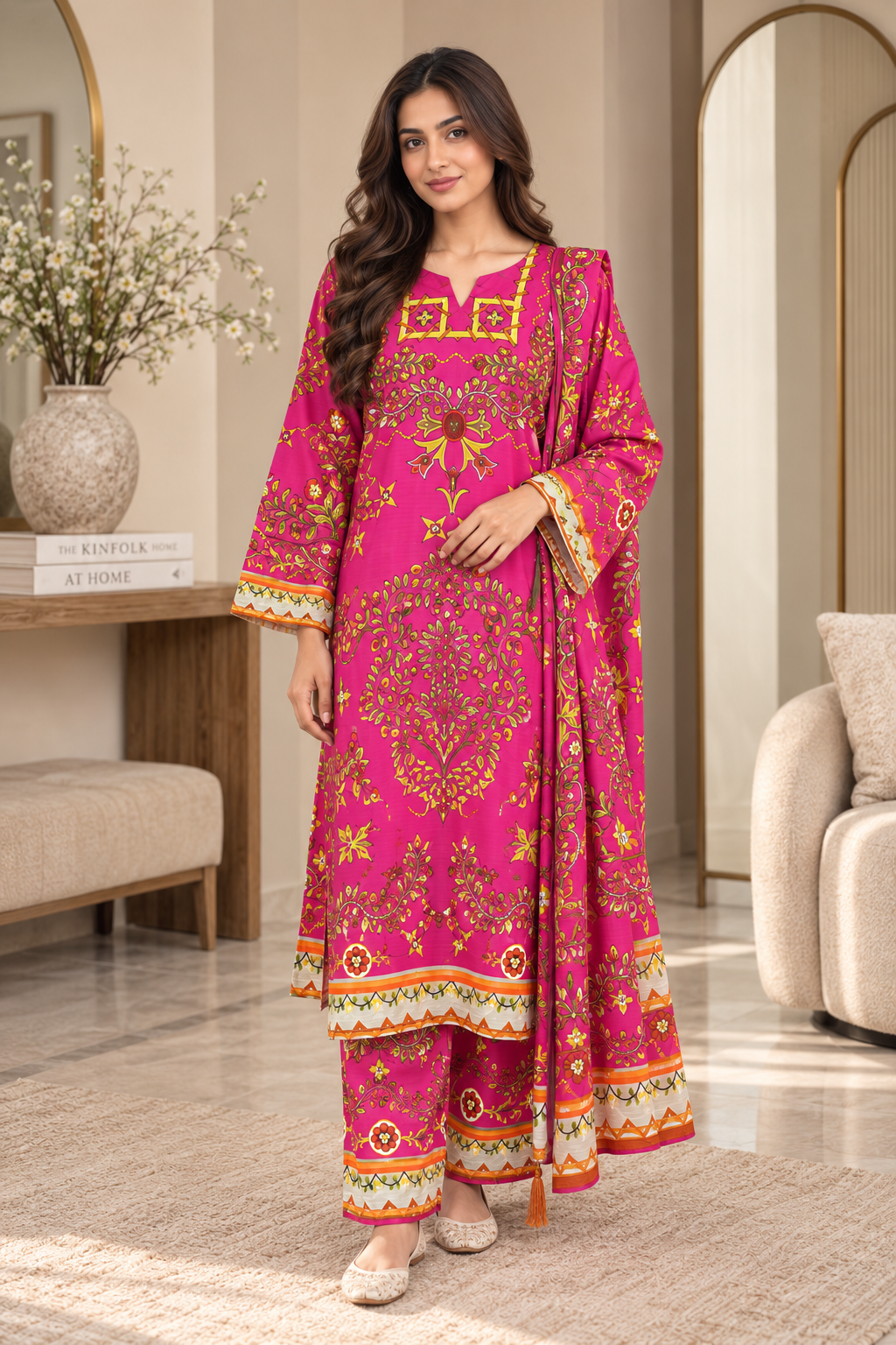 Women’s 3 Piece Printed Pink Suit – Floral Printed Kurta, Trouser & Matching Dupatta