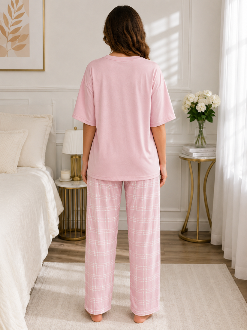 Women's Pink Love Oversized Pajama Set – Soft 2 Piece Lounge & Sleepwear