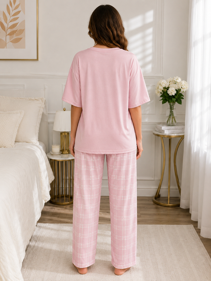 Women's Pink Love Oversized Pajama Set – Soft 2 Piece Lounge & Sleepwear