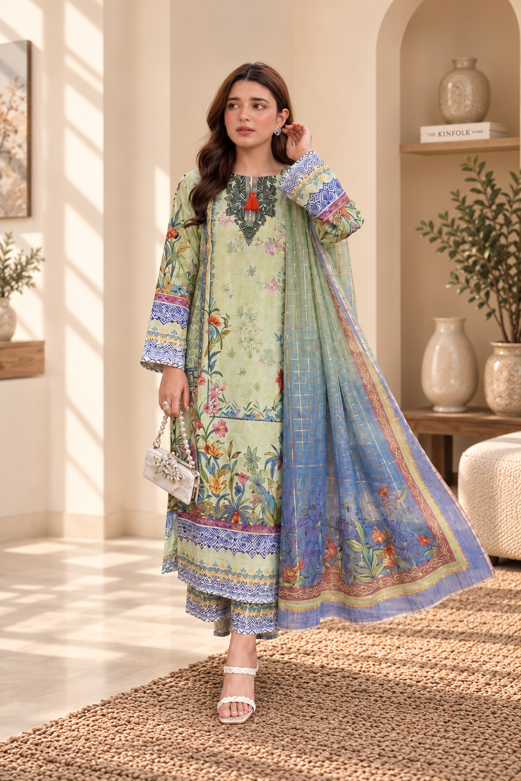 Women’s 3 Piece Printed Lawn Suit – Floral Printed Shirt, Matching Trouser & Dupatta