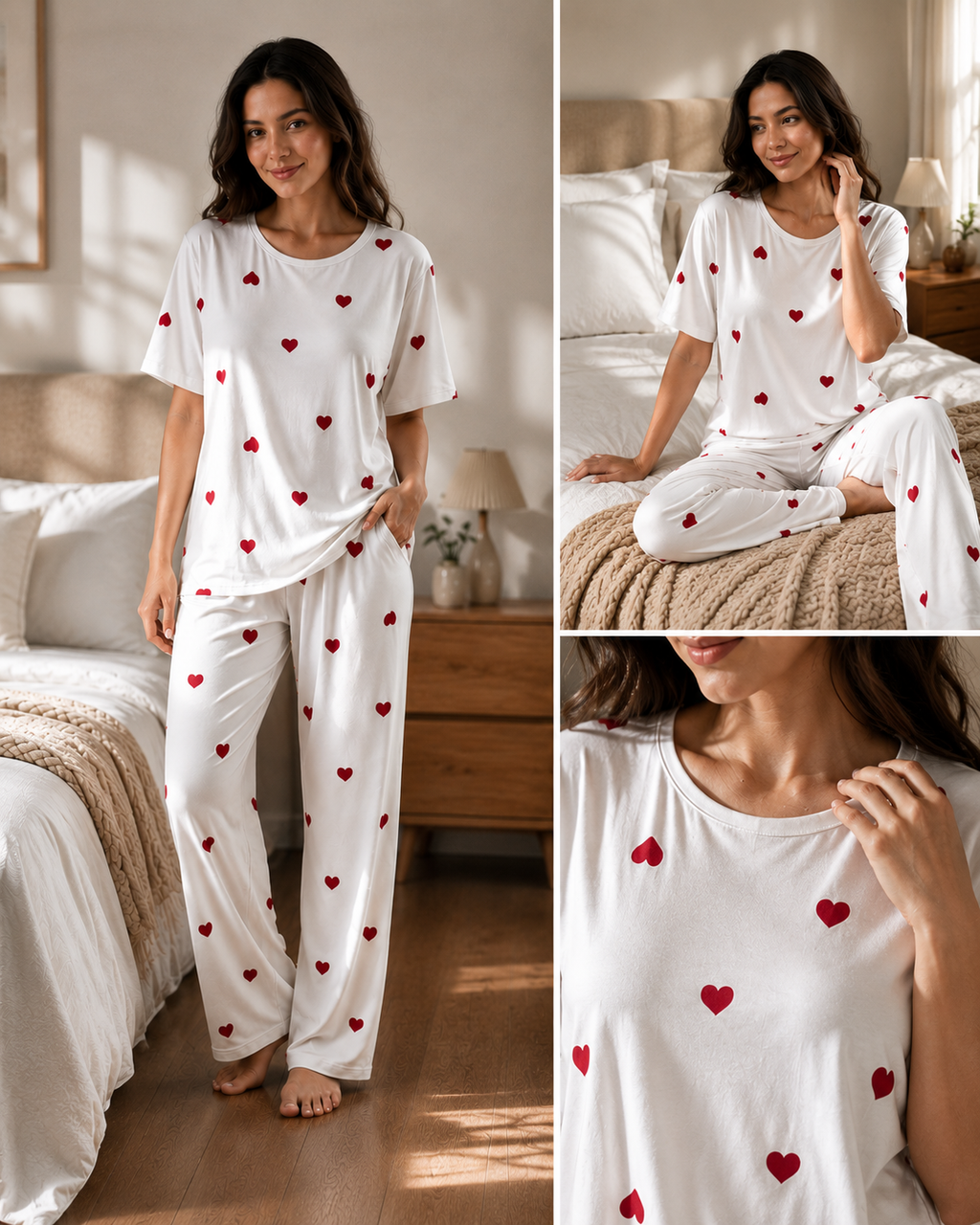 Women's White Heart Print Pajama Set | Soft Two Piece Nightwear & Loungewear
