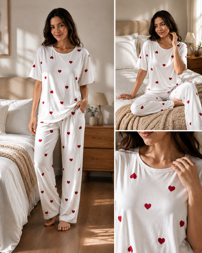 Women's White Heart Print Pajama Set | Soft Two Piece Nightwear & Loungewear