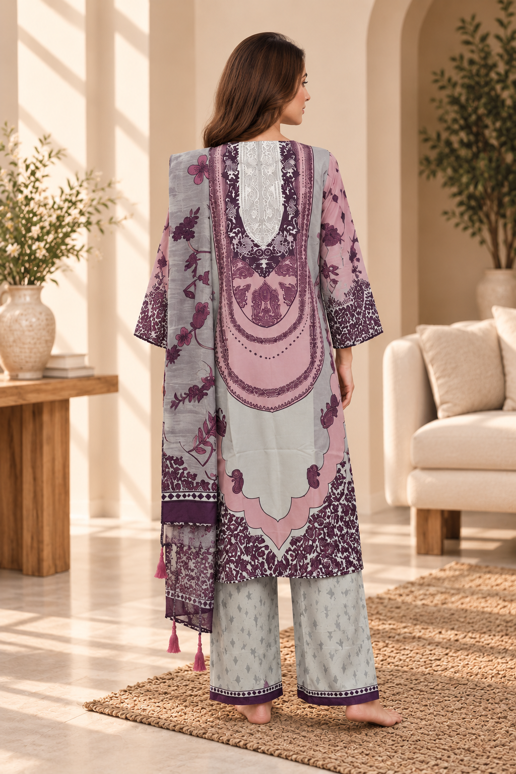 Women’s 3 Piece Printed Lawn Suit – Floral Printed Shirt, Matching Trouser & Dupatta
