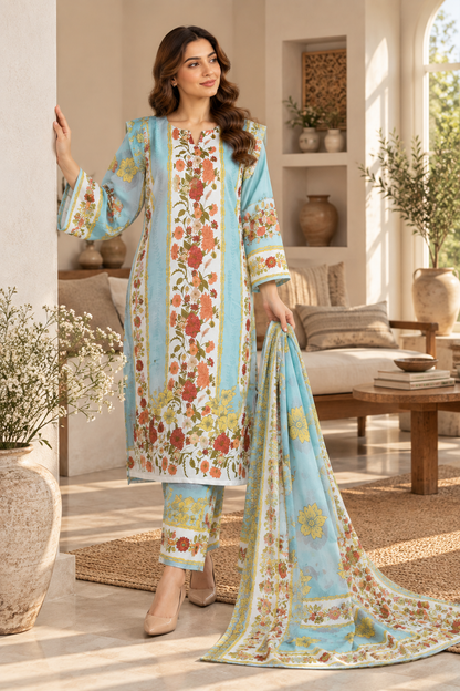Sky Blue Floral Garden Print 3-Piece Stitched Suit for Women – Ready to Wear