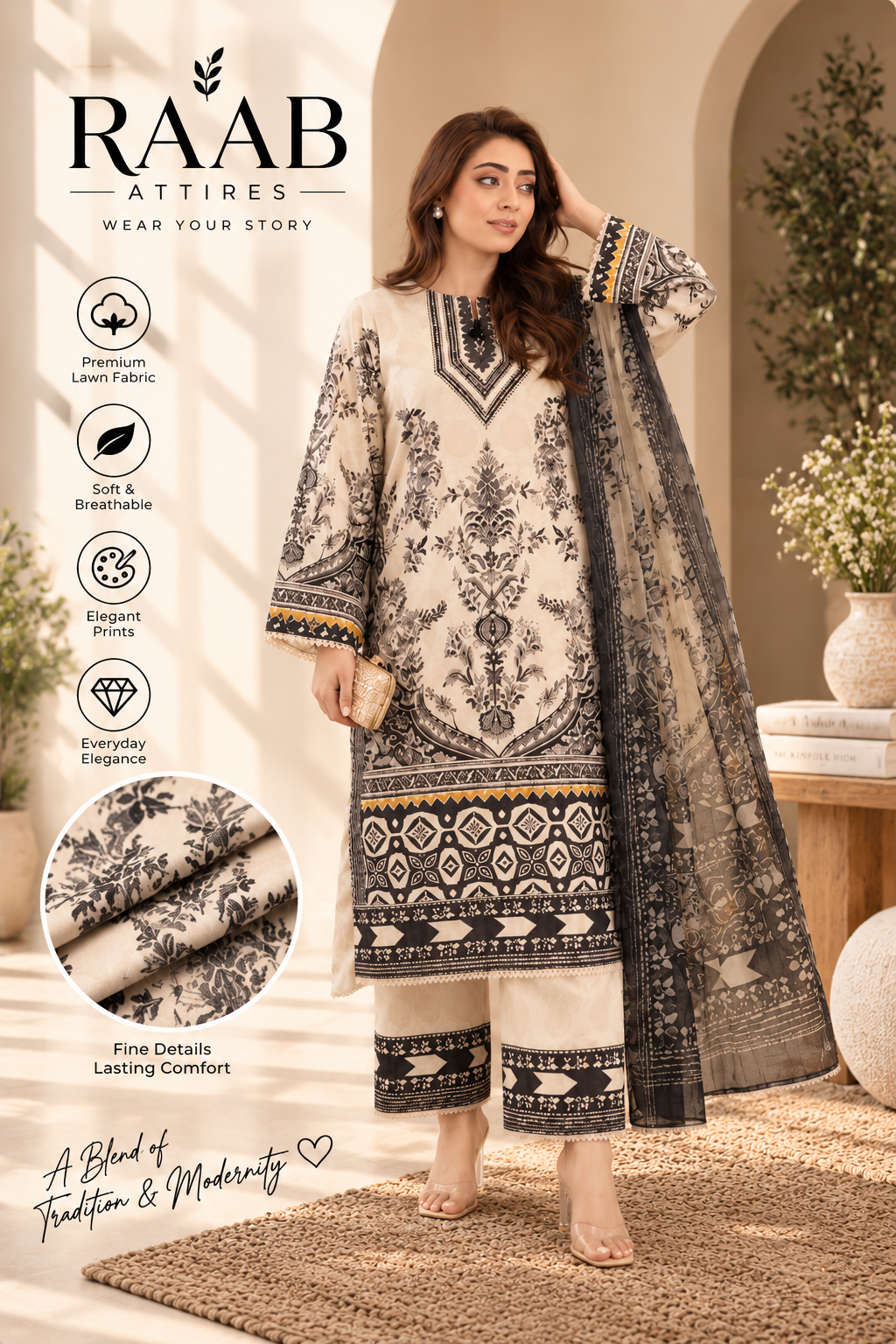 Black & White Printed 3 Piece Lawn Suit with Printed Dupatta – Women’s Unstitched Suit