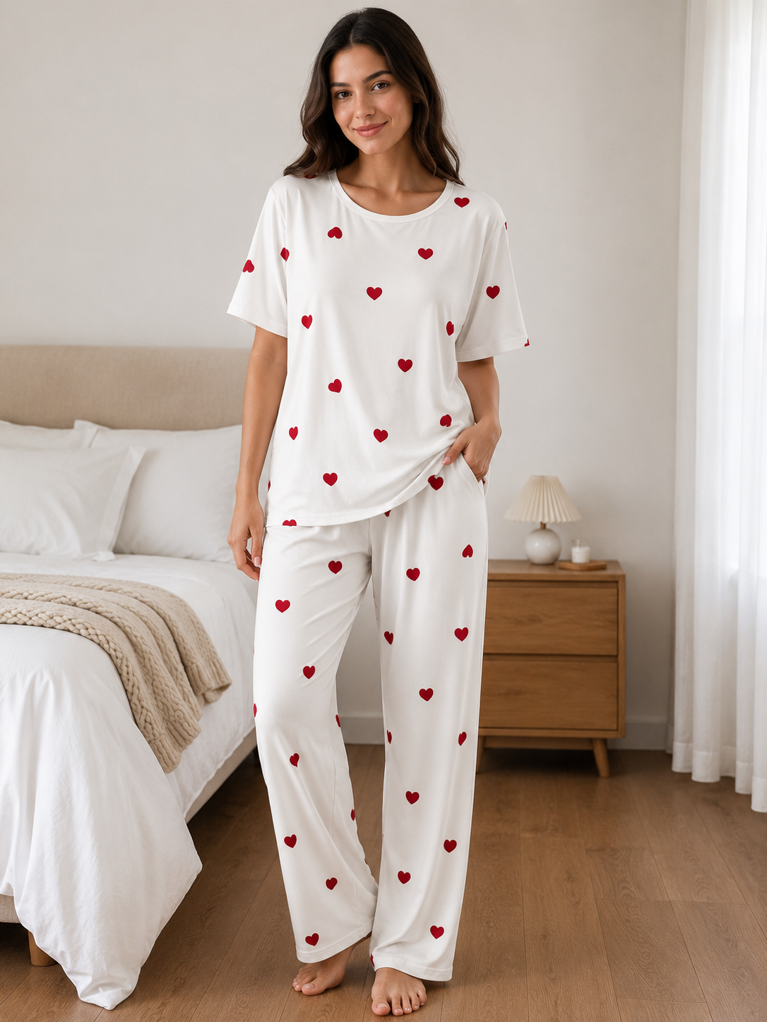 Women's White Heart Print Pajama Set | Soft Two Piece Nightwear & Loungewear