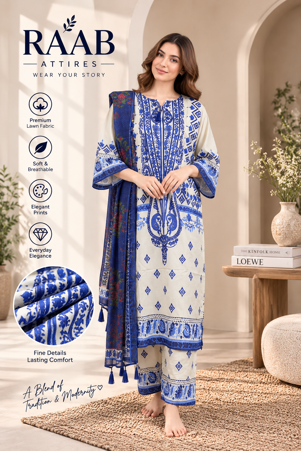 White & Blue Printed 3 Piece Lawn Suit with Floral Dupatta – Women’s Unstitched Suit