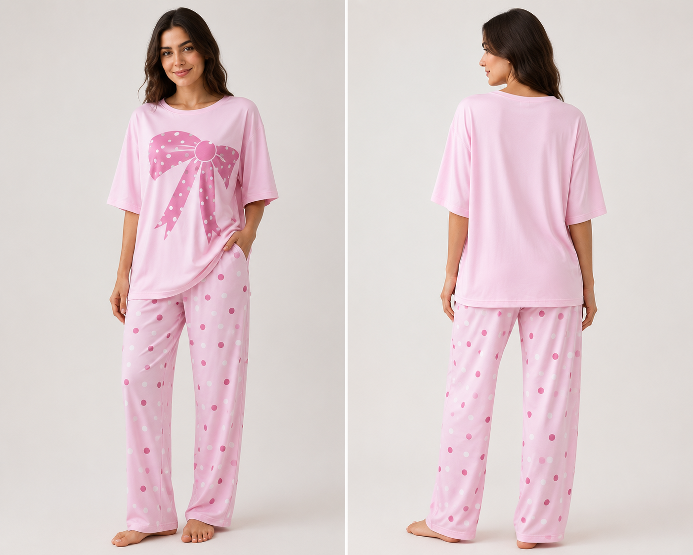 Women's Pink Ribbon Polka Dot Pajama Set | Soft Cotton Lounge Sleepwear
