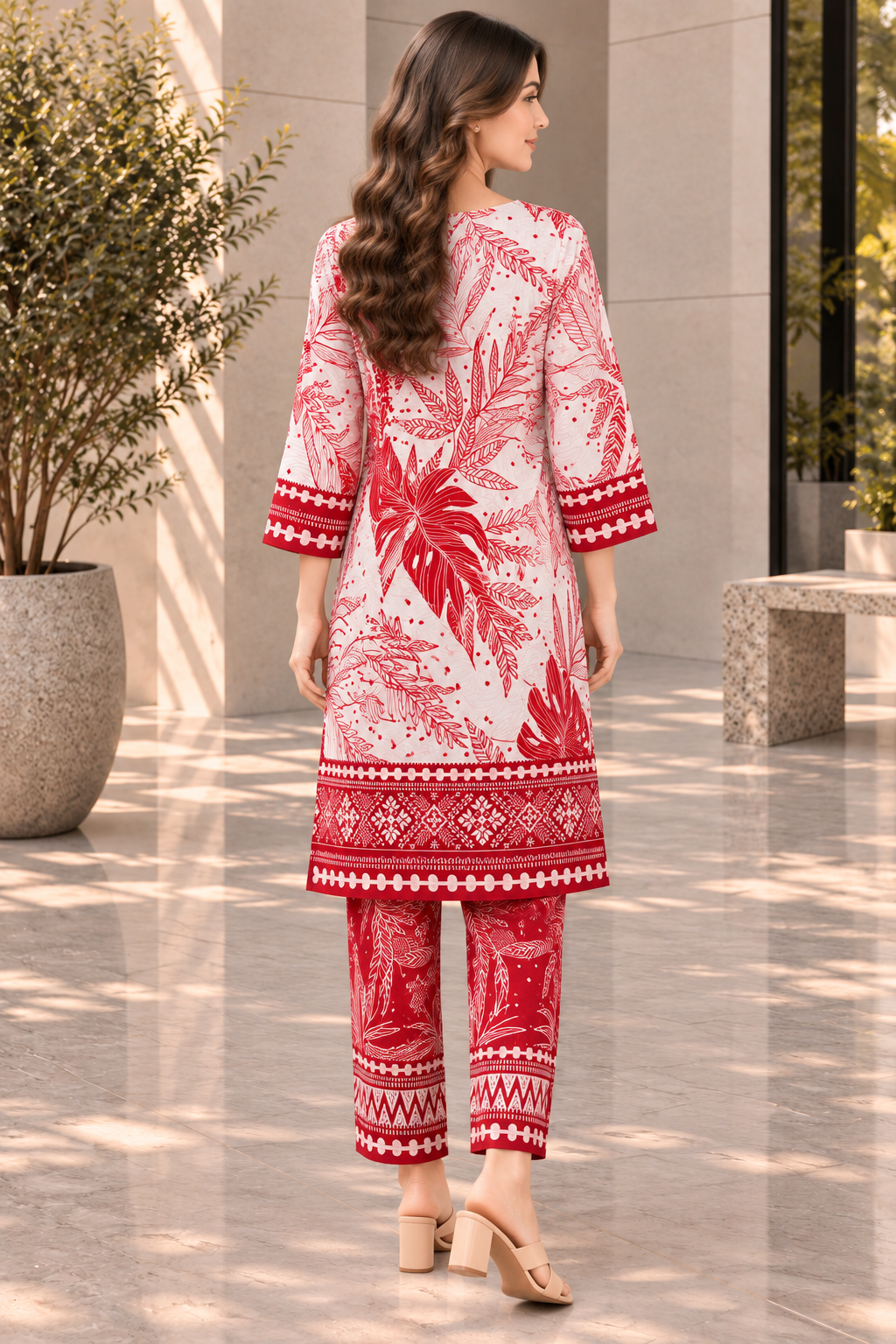 Stitched 2 Piece Lawn Suit for Women | Red & White Printed Kurta Trouser Set