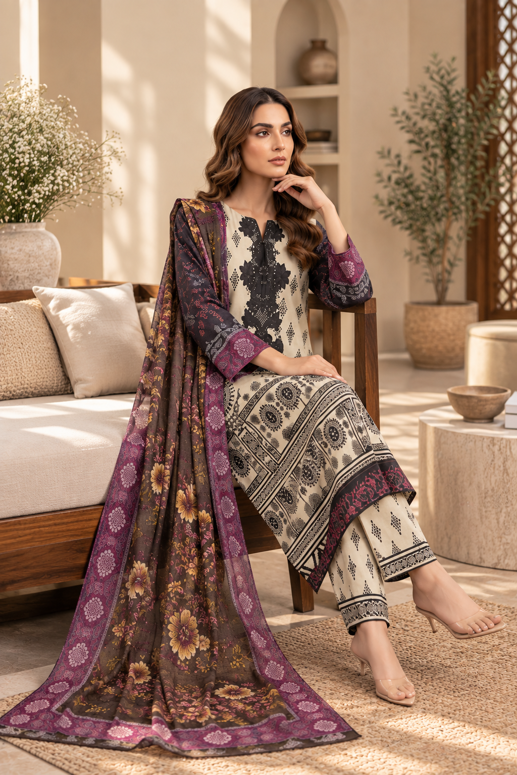 Black & Purple Floral Heritage Print 3-Piece Stitched Suit for Women – Ready to Wear