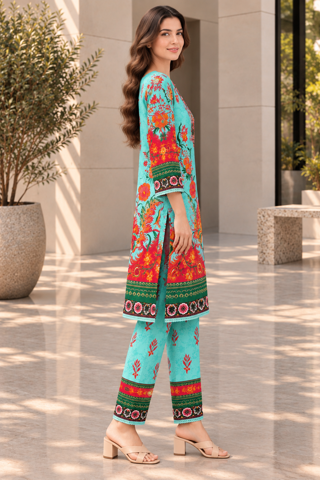 Stitched 2 Piece Lawn Suit for Women | Turquoise Floral Printed Kurta Trouser Set