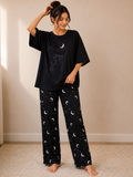Women's Black Moon & Cat Pajama Set | Cozy Nightwear Lounge Set