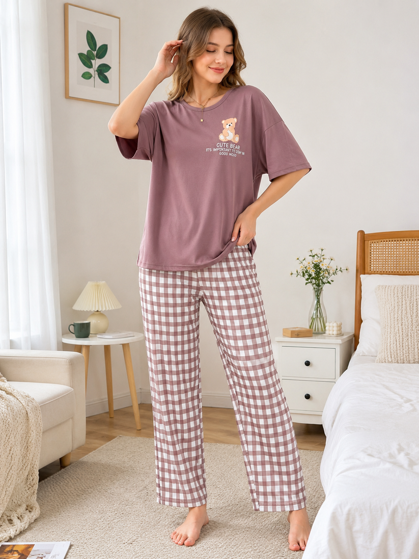 Women's Cute Teddy Bear Print Night Suit – Soft Loose Fit Short Sleeve T-Shirt & Check Pajama Set