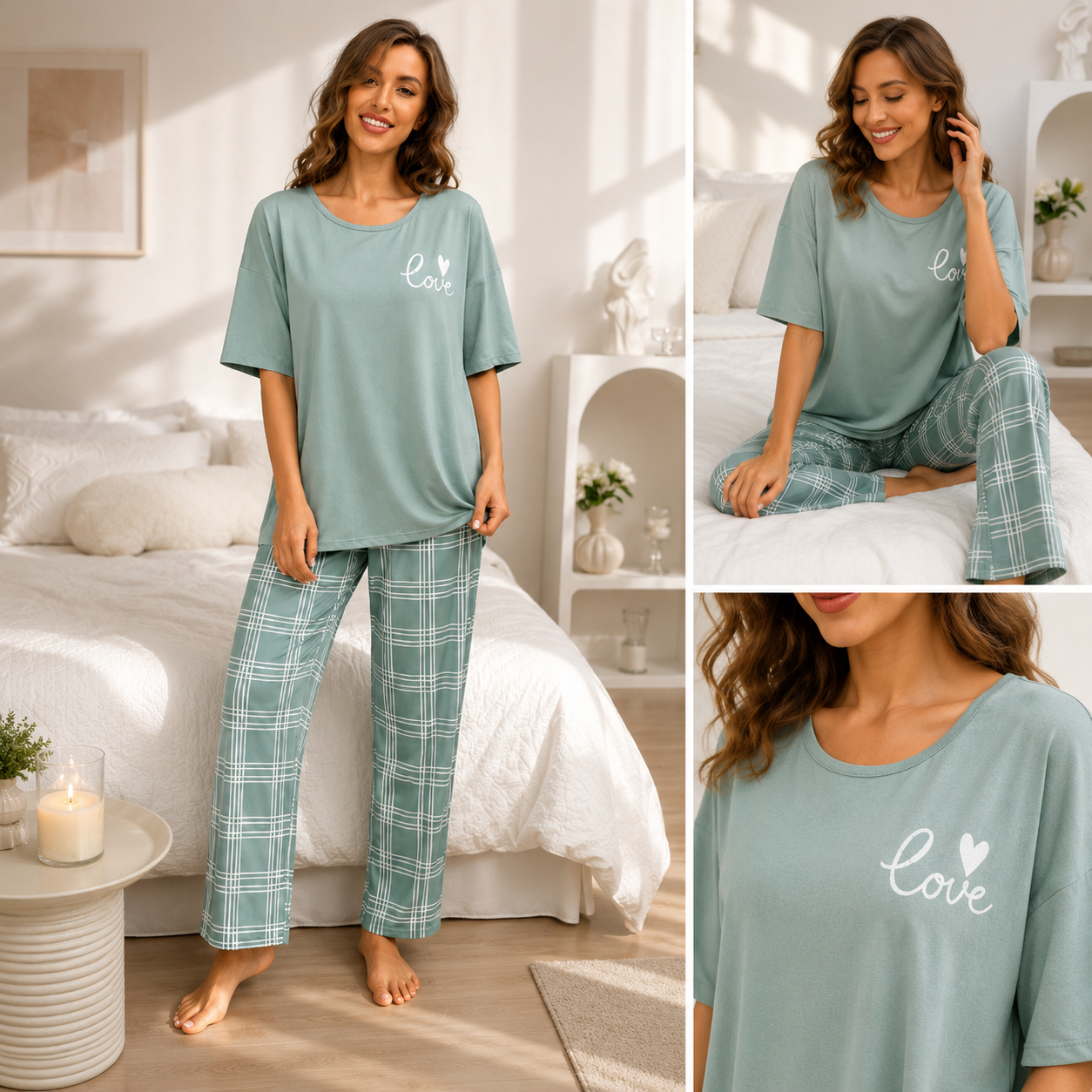 Women's Mint Green Love Print Night Suit – Soft Cotton Pajama Set for Home & Sleepwear
