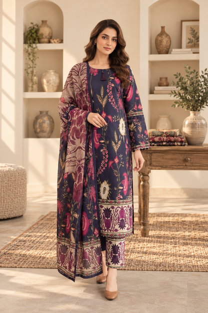 Women’s 3 Piece Printed Lawn Suit – Floral Printed Shirt, Matching Trouser & Dupatta