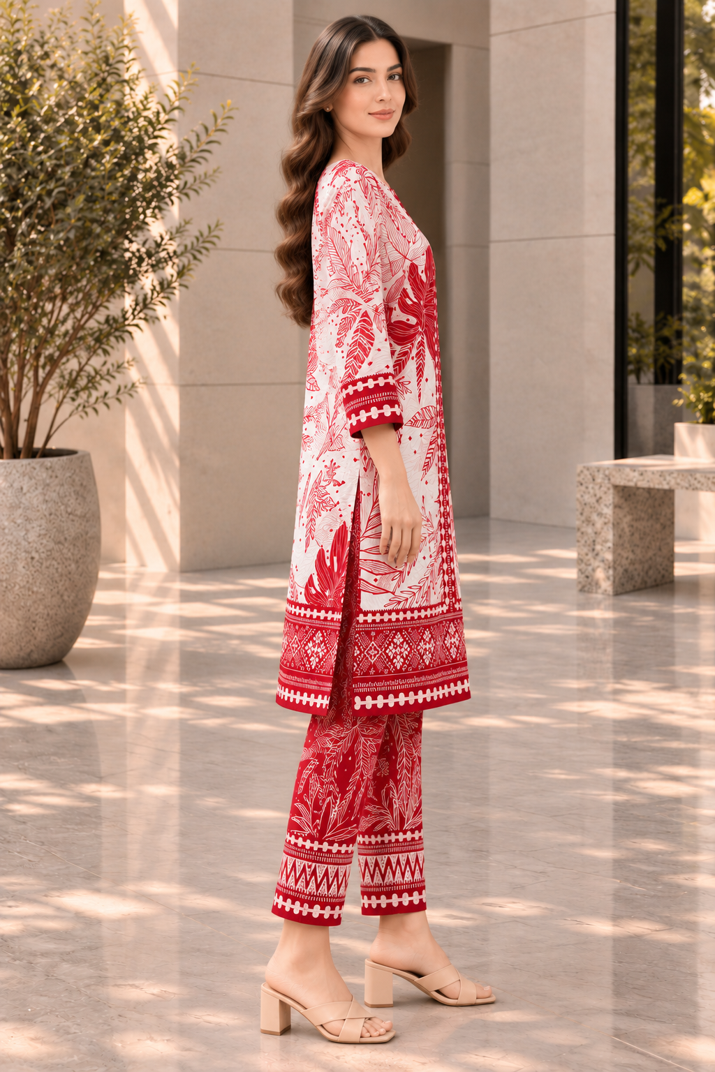Stitched 2 Piece Lawn Suit for Women | Red & White Printed Kurta Trouser Set