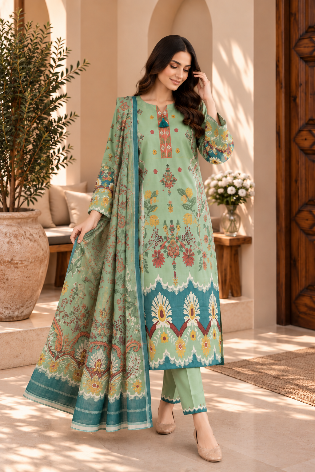Mint Green Printed 3 Piece Lawn Suit with Floral Dupatta – Women’s Unstitched Suit